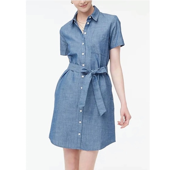 J Crew Factory Chambray Denim Button Front Belted Short Sleeve Dress Size 6 - Picture 3 of 4